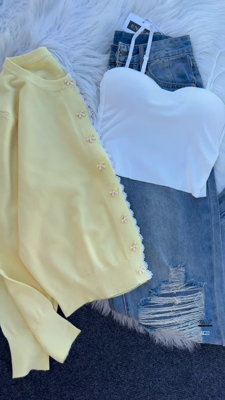 "Chic Pastel Perfection: Yellow Bow Cardigan & Denim Duo" - Image 2